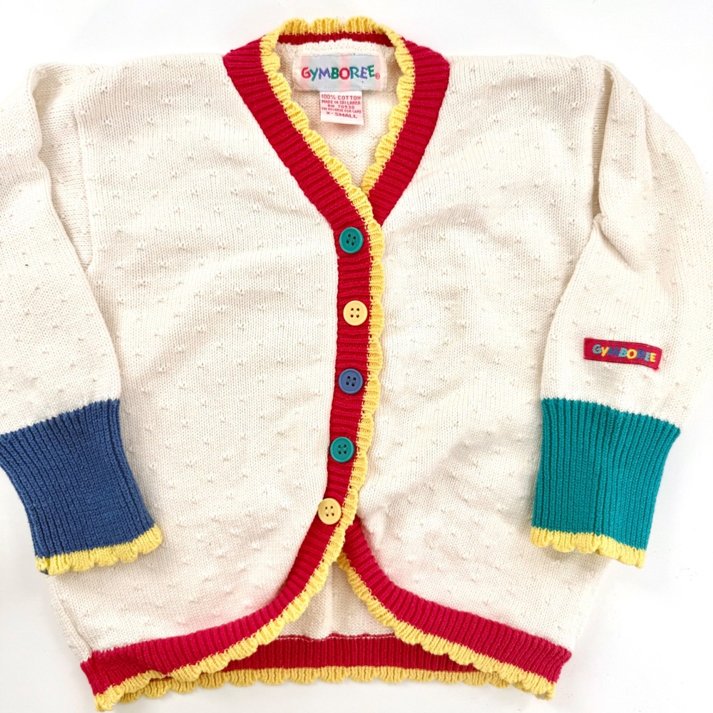 Gymboree Cardigan Girls XS Cream Red Blue Vintage Popcorn Knit Cotton Sweater